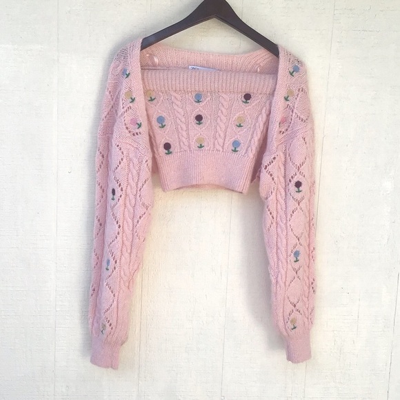 Zara floral embroidered pink knit shrug arm warmers and tube top set